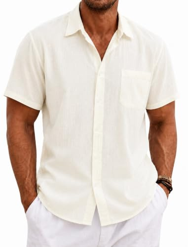 SEAYIJIA Mens Linen Shirts Short Sleeve Cotton Linen Shirts Casual Summer Shirt with Pocket Casual Beach Shirt