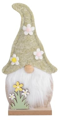 Figura decorativa de gnomo de 20 cm, fieltro de madera, decoración de Pascua, enano con sombrero de flores y barba blanca, decoración de primavera para alféizar de ventana, mesa y cómoda, duende