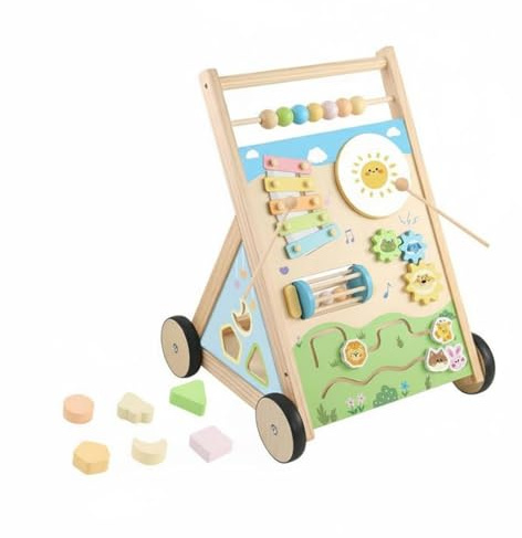 Wmqbjta Children Multi Purpose Activity Push Cart for Infants with Wooden Frame Xylophone Drum Shape Sorter Animal Maze Rotating Gears Bead Slider suitable for family use, Style B