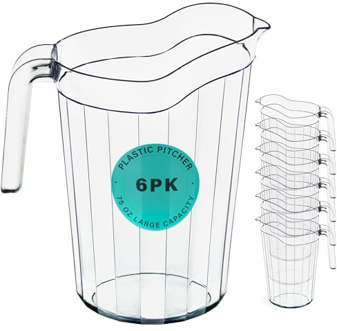 DecorRack 6 Pack - 75 oz Polycarbonate Plastic Pitcher Beverage Dispenser with Pour Spout Shatterproof Catering and Restaurant Serveware for Cold Drinks, Water, Lemonade, Beer, and Sangria (6 Pack)
