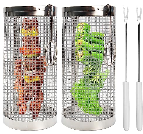 2 Stück Grillkorb Zylindrisch Rolling Zylindrischer Grillkorb Edelstahl Grillkochzubehör Tragbar BBQ Grillrolle für Außengrill, Fleisch, Wurstwaren, Gemüse(20CM)