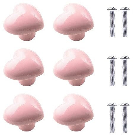 Xinlie 6 Pièces Poignée en Forme de Coeur Boutons de CéRamique Rose Boutons de Tiroir,pour Armoire,Tiroir,Cuisine,Salle de Bain,Placard,Bureau,Chambre D'enfant,Décoration Unique