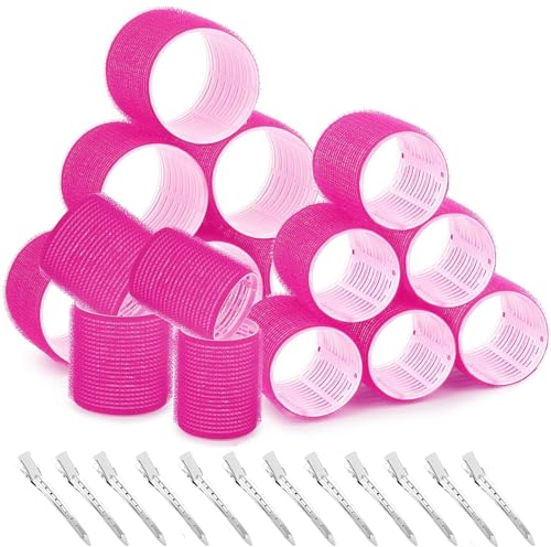 Lockenwickler Locken Set 24 Stücke, Große Curlers Ohne Hitze Selbsthaftend Haftwickler, Groß Jumbo Hitzefreie Haarwickler Hair Rollers 64MM 48MM mit 12 Stücke Entenschnabelclips für Lange und Kurze