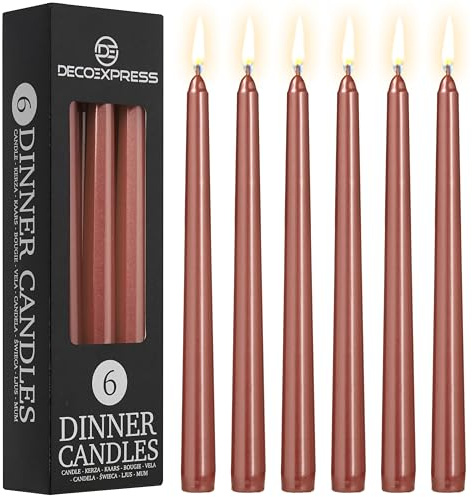 DECO EXPRESS Candles Set, Pack of 6 Classic Dripless Tapered Metallic Dinner Candles, Unscented with 8 Hours Burning Time, Home, Valentine’s Day & Mother’s Day Decor Idea (Metallic Copper, 6 Pack)