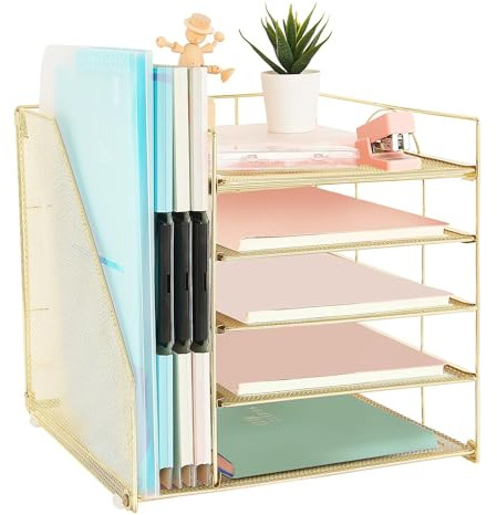 AUPSEN Organizador de escritorio con soporte para archivos, 5 bandejas de papel, organizador de escritorio de malla y accesorios para suministros de oficina en casa (dorado)