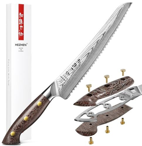 HEZHEN 21,5cm Coltelli da Pane Seghettato Professionale, Coltelli da Torta Acciaio Damasco Coltello da Pasticceria Coltelli da Cucina Affettare il Pane, Manico in Micarta