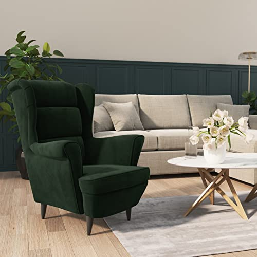 IKAYAA Butaca Viena, Sillón Escandinavo, Sillón Orejero, Relax Orejeras Escandinavo Tapizado en Terciopelo Butaca para Salón o Dormitorio. (Verde Oscuro)