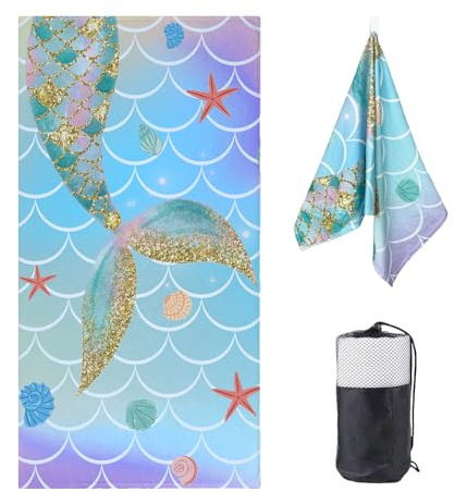 DJDEA Serviette de Plage Enfant Sirène 70x140cm Microfibre Anti-Sable Séchage Rapide avec Sac de Rangement pour Piscine Plage