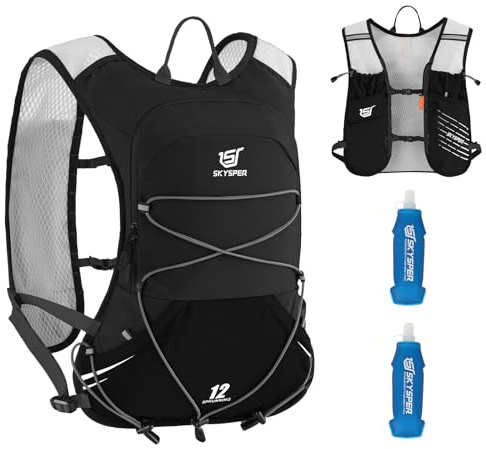 SKYSPER Chaleco de Hidratación Running 12L, Chaleco Ligero con 2 Botellas 500ML y Diseño Reflectante para Trail Maratón y Senderismo