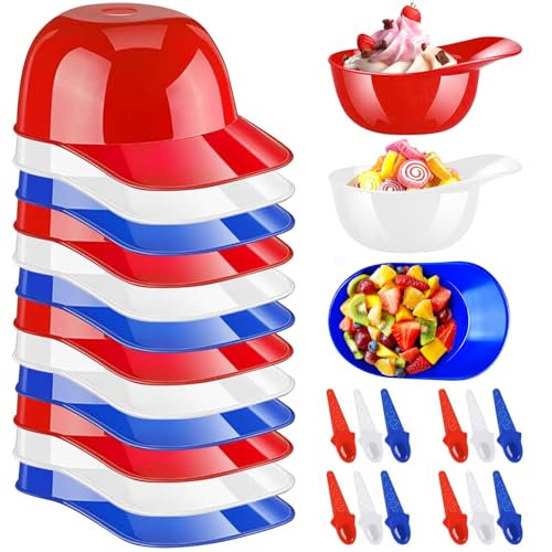 12 Stück Eisbecher mit Löffeln, Baseball Helm Plastik Dessertgläser, Wiederverwendbare Eisbecher Schale Bunte Eisschalen Kinder für Dessert, Joghurt, Snack, Eiscreme (3 Farben)