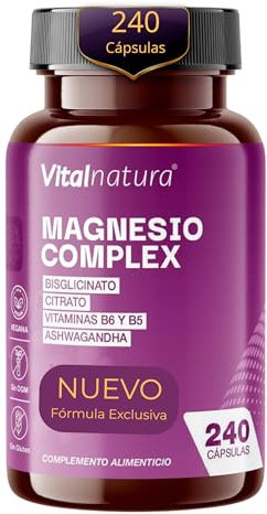 Citrato de Magnesio 1593 mg + Bisglicinato 600 mg con Ashwagandha 1500 mg y Vitaminas B5 y B6 - Fórmula Premium para Energía Natural, Cansancio, Bienestar, Sueño y Músculos - 240 Cápsulas Vitalnatura