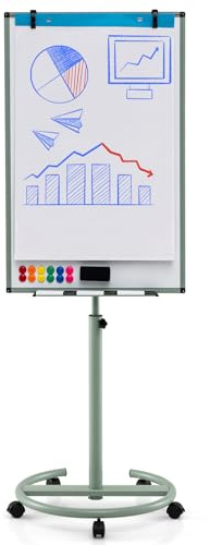 COSTWAY mobil whiteboard, 100 x 65 cm, bläddrbar på hjul, justerbar höjd 192 cm, avtorkningsbar, magnetisk, flip-diagram, magneter, markörer och suddgummi
