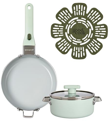 GoodCook Ceramic Cookware Set 5-Piece with Removable Handle, Induction Compatible, Nonstick and Oven Safe with 8-Inch Frypan, Sage Green