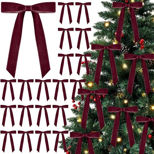 Curvier 25 Pcs Velvet Christmas Bows for Xmas Tree, Door, Gift, Staircase Decor, Vintage Wreath Bow Christmas Tree Ornaments(5x7 Inch,1 Wide) Burgundy