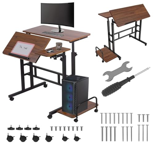 Maclean Justerbart mobilskrivbord MC-124 med hjul, lutningsbar topp 80 x 60 cm, justerbar höjd 67-115 cm, lastkapacitet 50 kg, ergonomiskt utformad sidohylla, hem, kontor, studio (svart)