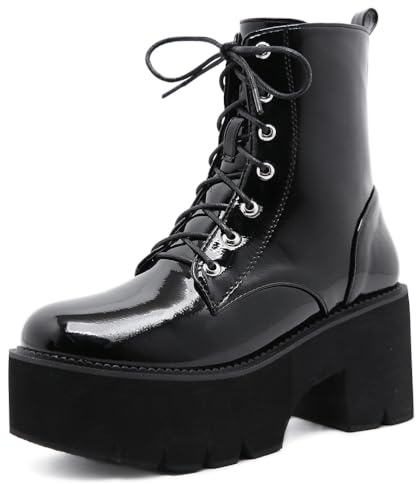 HFWXYSA Wedge Boots Lace Up della Piattaforma Stivaletti alla Caviglia Cinturino alla Caviglia Punta Rotonda Stivali Biker Punk Scarpe,Nero,40 EU