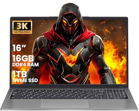 16 inch Laptop Gray, 16GB DDR4 RAM, 1TB NVMe SSD, 4 Core N150 Up to 3.6GHz, 3K IPS Display (3072x1920) , Fingerprint Login, Backlit KB, HDMI, WiF, 6000mAh Battery, Notebook Computer for Work & School
