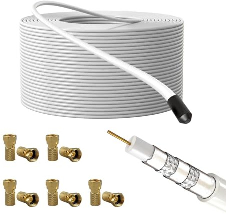 Lumonic Antennkabel RG6 135dB 50m + 10x F-kontakt | 5-faldig avskärmning - inga fler bildstörningar | SAT-kabel, koaxialkabel Internet, TV-kabel