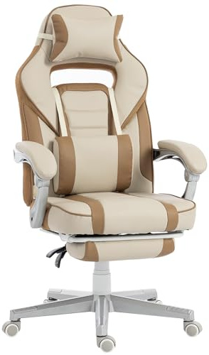 HOMCOM Silla Gaming, Silla Gamer Reclinable, con Altura Ajustable, Reposapiés Retráctil, Soporte Lumbar y Reposacabezas Desmontable, para Oficina, Estudio, Crema