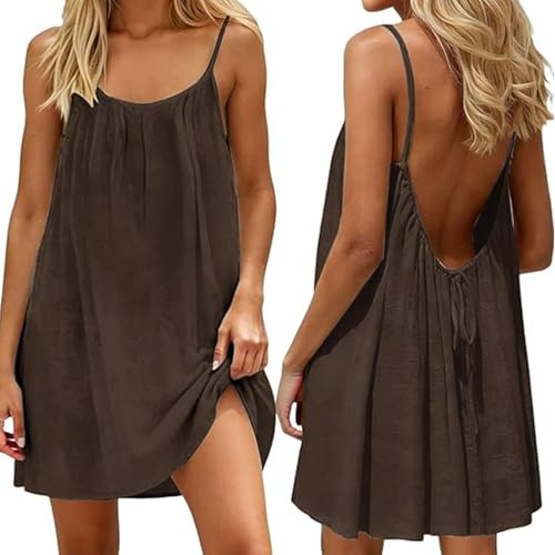 makabaky Robe d'été Femme Dos Nu à Bretelles – Mini Courte Fluide sans Manches – Tenue Décontractée de Vacances pour Plage et Maison – Nouauté 2026