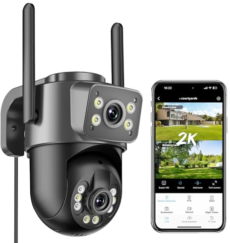 Reobiux 2K Camara Vigilancia WiFi Exterior, Cámara IP Vigilancia Domicilio con Doble Lente, Visión Nocturna Color, Seguimiento Automático, Audio Bidireccional, Grabación Continua 24/7, IP66