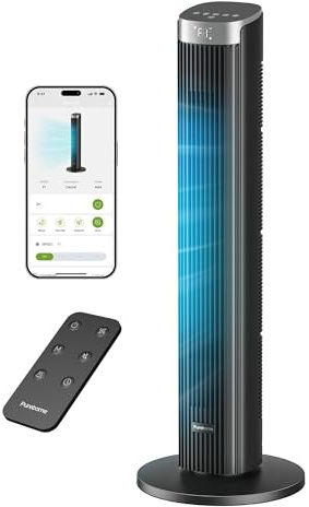 Pureborne Ventilatore a torre silenzioso, 23 dB, oscillazione a 90°, 4 livelli, timer da 12 ore, per camera da letto, 86 cm, nero, 1 confezione + 4 modalità