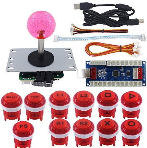 SJ@JX Arcade Game Stick DIY Kit Buttons with Logo 8 Way Joystick USB Encoder Cable Controller for PC PS3 PS2 MAME Raspberry Pi Red