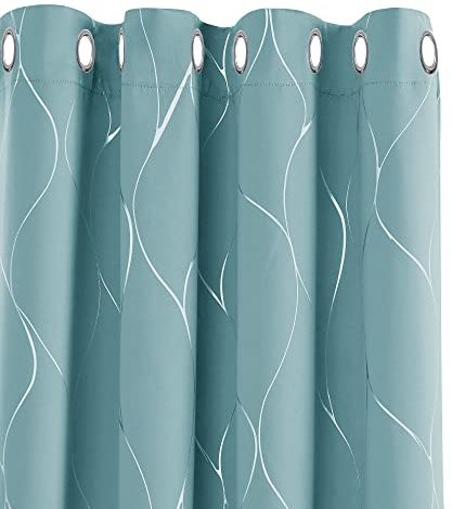 Deconovo Home Decoration Blackout Curtains, Ring Top Curtains, Thermal Insulated Curtains Wave Line Foil Printed Curtains for Bedroom, 66 x 90 Inch(Width x Length), Sky Blue, one pair