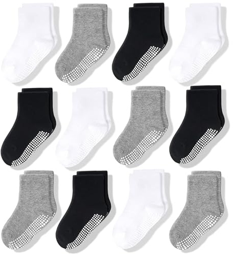 CozyWay Calcetines infantiles de agarre sin deslizamiento, 12 paquete para niños y niñas, negro/blanco/gris, 0-6 meses