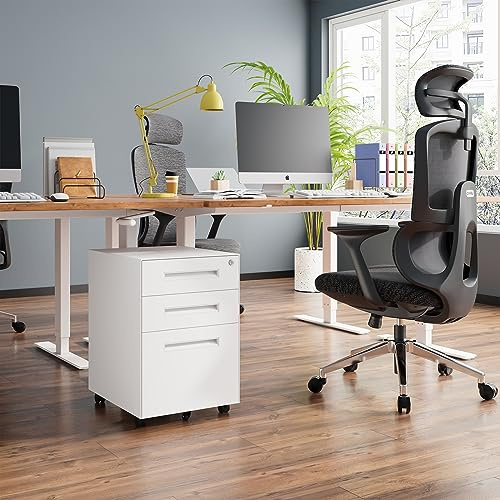 Dripex 3-Drawer Mobile File Cabinet, Rolling Metal Filing Cabinet with Hanging Frame for Legal/Letter/A4, Lockable Vertical File Cabinet Anti-tilt Design, Fully Assembled except Wheels, White