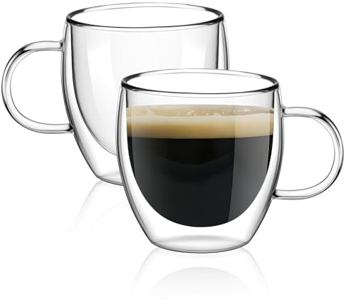 SCJHMY Double Walled Coffee Glasses Mugs Cappuccino Latte Macchiato Glasses Cups with Handle Borosilicate Heat Resistant Glass Cups for Coffee Tea Milk Juice Ice Cream (2x150ml)
