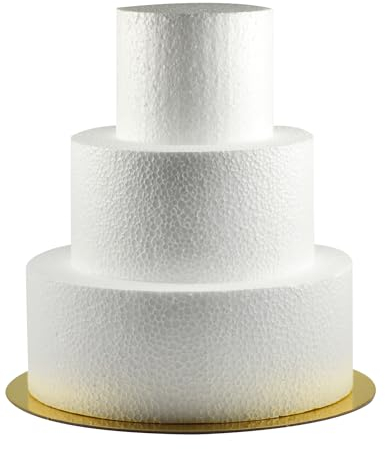Tarta de poliestireno de 3 pisos con base plateada/dorada, con adhesivo redondo de doble cara, calidad 12 g/l, extra alto 25,5 cm y ancho 22 cm, 22/16 y 10,5 cm (3 pisos con oro)