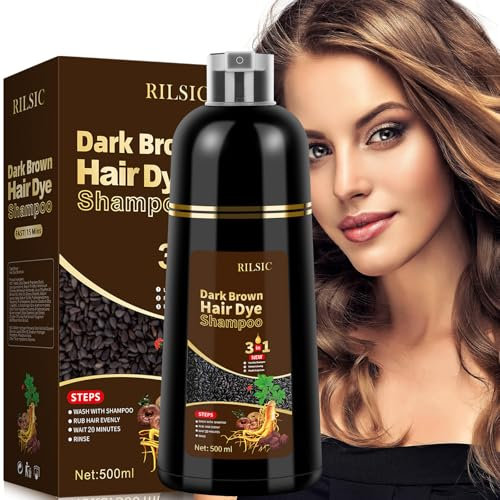 Hair Dye Shampoo 3 en 1 Cubre Canas, 500ML Black Hair Dye Shampoo 3 en 1,Hair Color, Champú Color Tinte Pelo Barba Champu Canas Instantáneo (Marrón Oscuro)