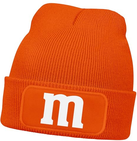 MoonWorks® Herren Beanie Patch Strickmütze mit Buchstabe M Aufdruck Fasching Karneval Lustig Mütze Männer Orange Unisize