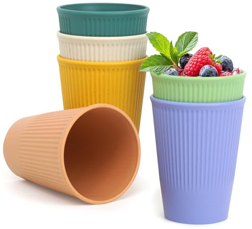 ZephyrCraft 6er Set Trinkbecher aus Weizenstroh & PP, 300ml - Wiederverwendbare, bruchsichere Plastikbecher für Kaffee, Tee, Camping, Büro & Familie (BPA-frei, spülmaschinenfest, 6 Farben)