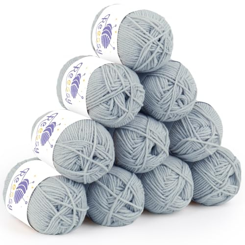Reessy Lot de 10 pelotes de laine à tricoter en acrylique, ensemble de fil à crochet super doux 5 brins gris-bleu pour tricot, crochet et travaux manuels, 10 x 50 g de fil à crocheter pour projets