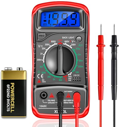 Xahpower Multimetre Numerique, Testeur Electrique Multifonction, Voltmetre Amperemetre, Testeur de Tension CA/CC, Courant CC, Résistance, Continuité, Diode, Écran LCD et Rétroéclairage