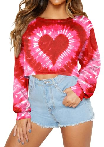 For G and PL Women's Valentines Funny Heart Graphic Valentine Sweatshirts Cropped Long Sleeve Valentine Pullover Tops Tie-dye M