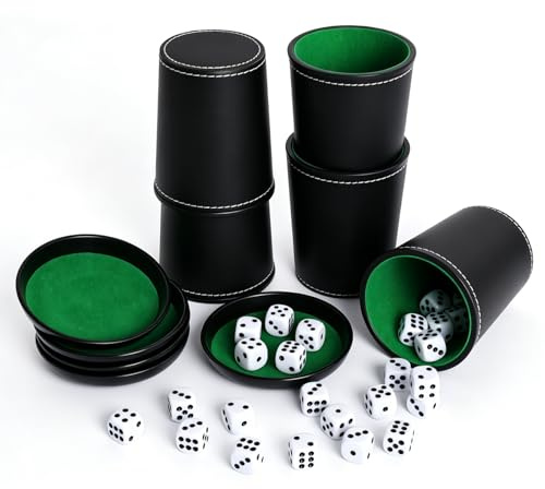 Juego de 5 vasos de dados de piel, con tapa, 25 dados, clásico juego de vasos para juegos de dados, choques, ajos, trucos, yahtzee y noches de juegos