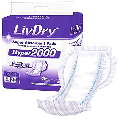 LivDry High Absorbency Pad Insert for Incontinence Briefs and Adult Diapers, Women and Men, Hyper 2000 (20 Count)