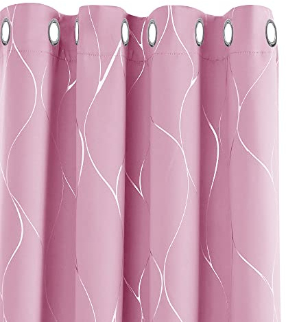 Deconovo Thermal Insulated Ring-top Curtains, Pink, Silver Striped Blackout Curtains for Bedroom, Living Room, 55 x 114 Inch, 2 Pieces