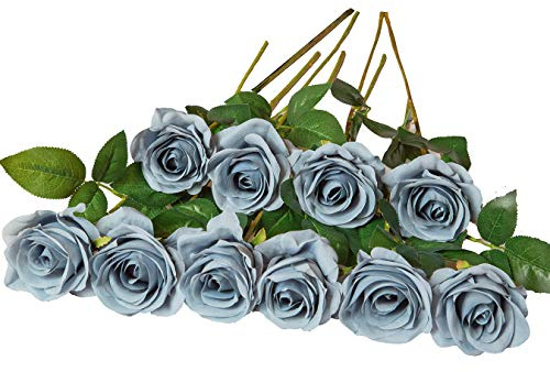DuHouse Konstgjorda rosor, falska silkesblommor, brudbuketter med enkla långa plaststjälkar för arrangemang, bröllopsbord, bordsuppsats, fest, heminredning (dammigblå)