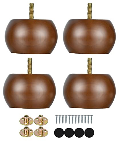 Maricome 2 Inch Bun Furniture Feet Walnut Round Solid Wooden Ottoman/Couch/Sofa Legs Set of 4 Pre-drilled M8 Bolt with Metal Brackets