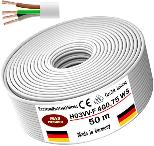 MAS Premium Von 5 bis 100m Kunststoffschlauchleitung H03VV-F 2X0,5, 2X0,75, 3G0,75 oder 4G0,75 Flexible Leitung Kabel Gerätekabel (H03VV-F 4G0,75 WS, 50m)