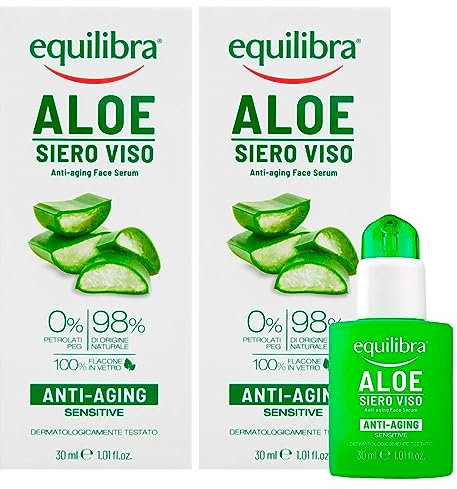 2x Equilibra Aloe Siero Viso Anti-Aging Sensitive con Acido Ialuronico Lenitivo Idratante Levigante Elasticizzante Illuminante Protettivo Pelli Mature o Sensibili - 2 Flaconi da 30ml