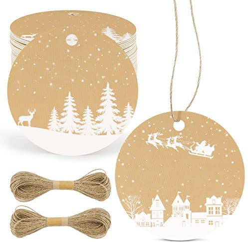100pcs Etiquetas Navidad Redondas 5x5cm con 20metros Cuerda de Yute Etiquetas Navideñas para Regalo Boda Comunión Navidad. (A)