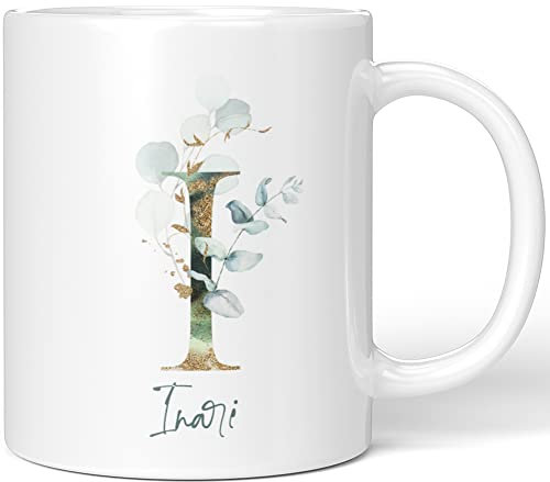 JUNIWORDS Tasse, Inari, Name Anfangsbuchstabe Initial Alphabet Floral Buchstabe I Monogramm Motiv, Weiß (5453220)