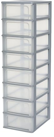 Iris Ohyama, Kunststoff Schubladenbox mit 8 flachen Schubladen, Grau, Easy-Pull-System, A4, A5 & A6 Format, Schreibtisch Organizer für Büro, Schule, Schreibwaren, BPA-frei, Schubladenschrank, OCH-2008