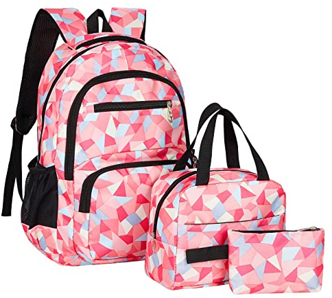 Howala School Bags for Girls Backpack Sets Boys 3 in 1 Large Waterproof Bag Kids Lightweight Travel Rucksack with Lunch Bag and Pencil Case Primary Middle Schoolbag for Teen Youth Students, Pink