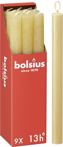 Bolsius - Velas cónicas para cenas - color beige - paquete de 9 - larga duración de combustión de 13 horas - vela doméstica - sin perfume - cera natural vegana - 27 x 2,3 cm
